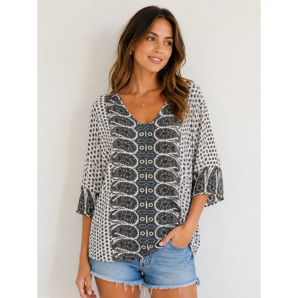 UMGEE Paisley V-Neck Tunic‎ Blouse Boho Women S White Blue Floral Bell Sleeve